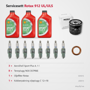 Servicesett for Rotax 912 UL/ULS: 3 × AeroShell Sport Plus 4, 8 NGK DCPR8E-tennplugger, Rotax oljefilter 825016 og kobberpakning C 12×18